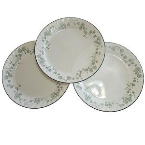 3 Corelle Callaway Dinner Plates 10" white swirl rim green trim ivy